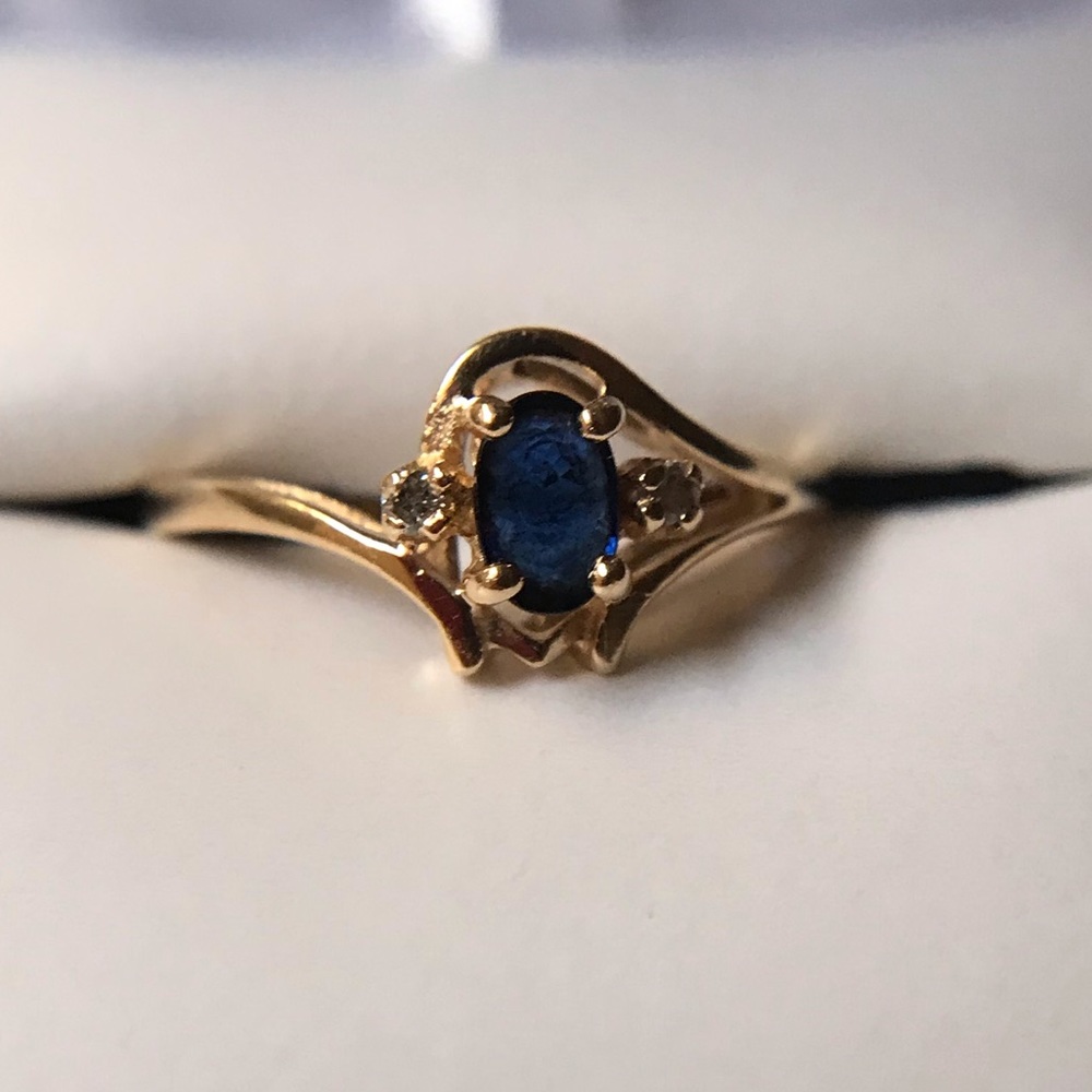 Antique 14K Sapphire Diamond Solid Gold Ring - Picture 3 of 15